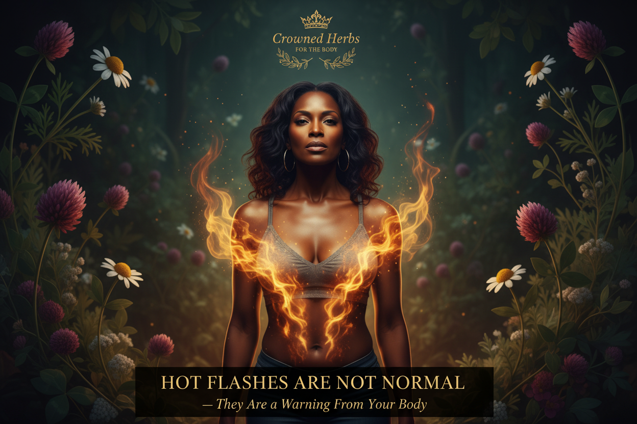 Woman experiencing hot flashes with herbal wellness remedies from Crowned Herbs For The Body — natural hormone balance and menopause relief