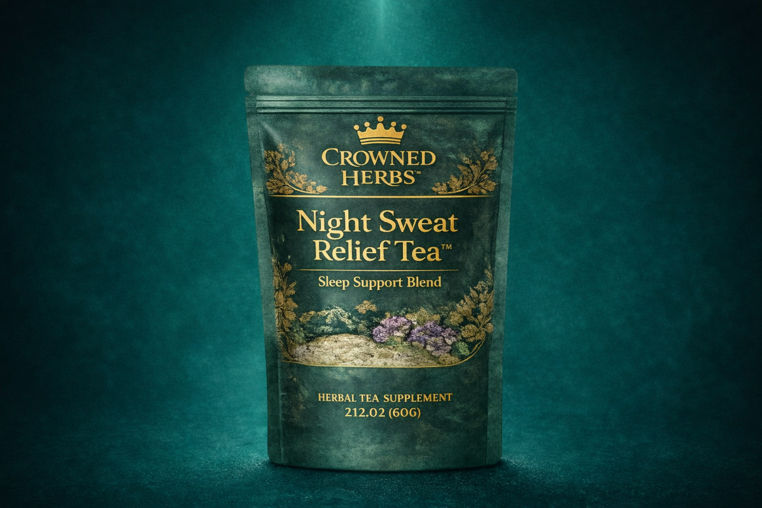 Crowned Herbs Night Sweat Relief Tea package on a dark teal background