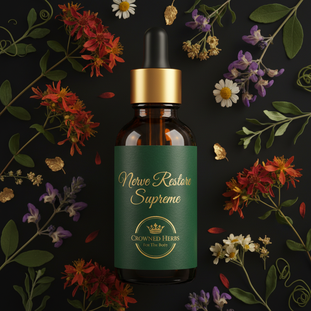 Nerve Restore Supreme herbal nerve repair tincture by Crowned Herbs For The Body